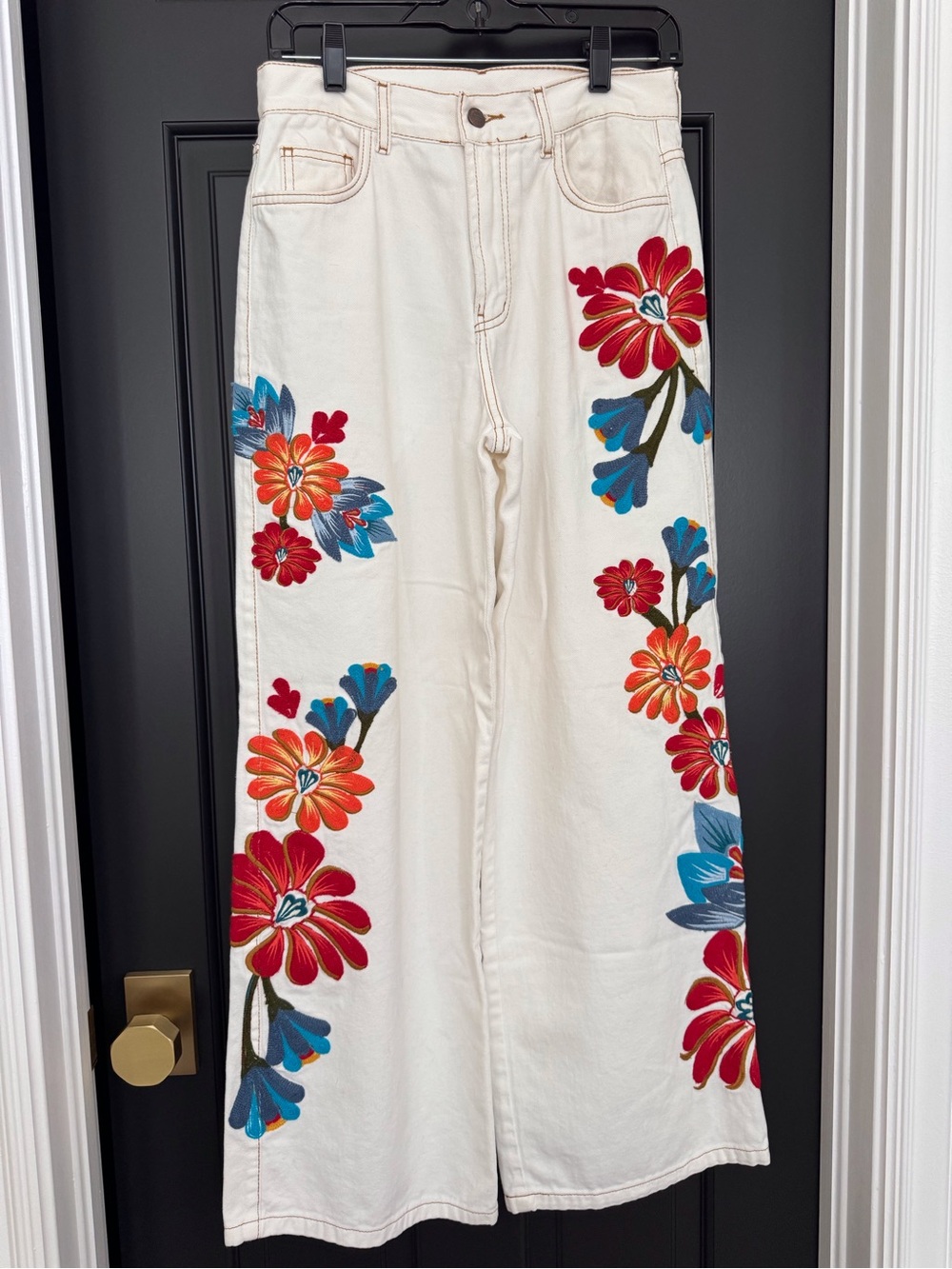 Farm Rio Off-White Embroidered Floral Twill Denim Wide-Leg Pants